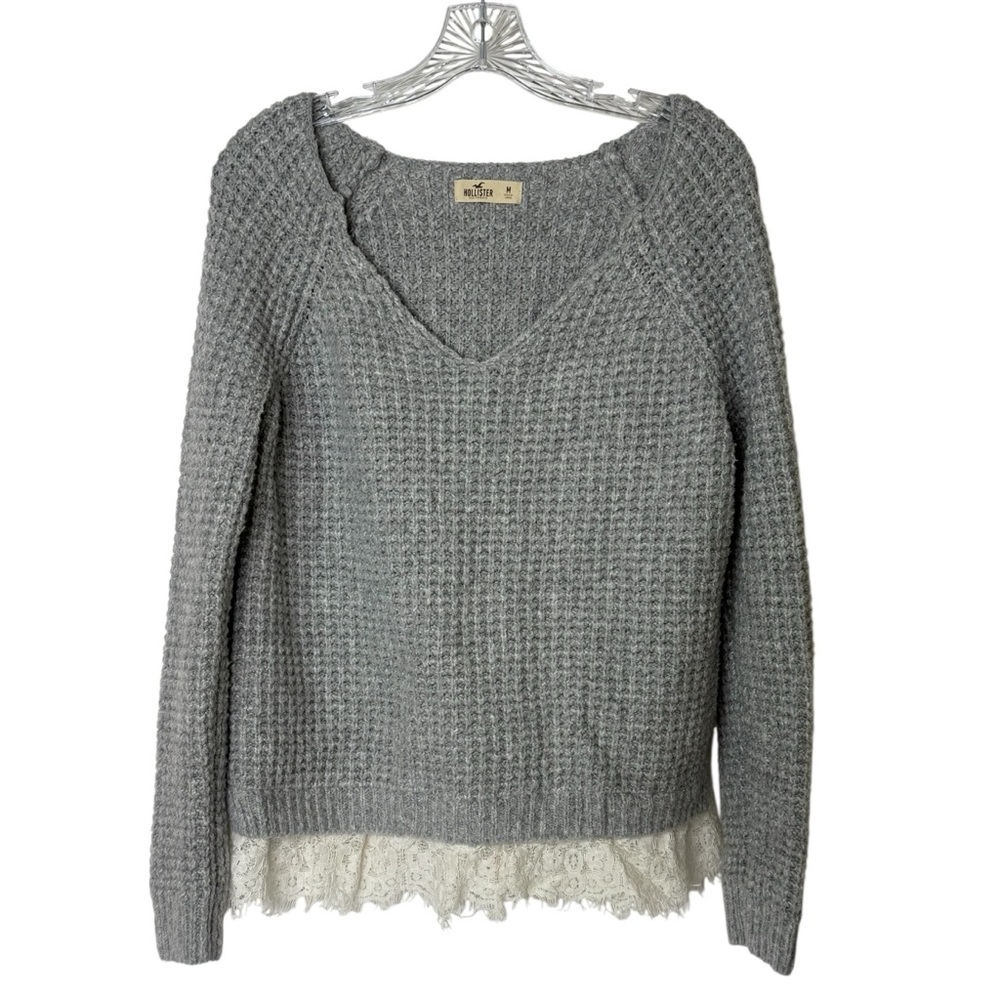 Hollister‎ Chunky Knit Gray Sweater V-Neck Cream Lace At Hem Womens Medium